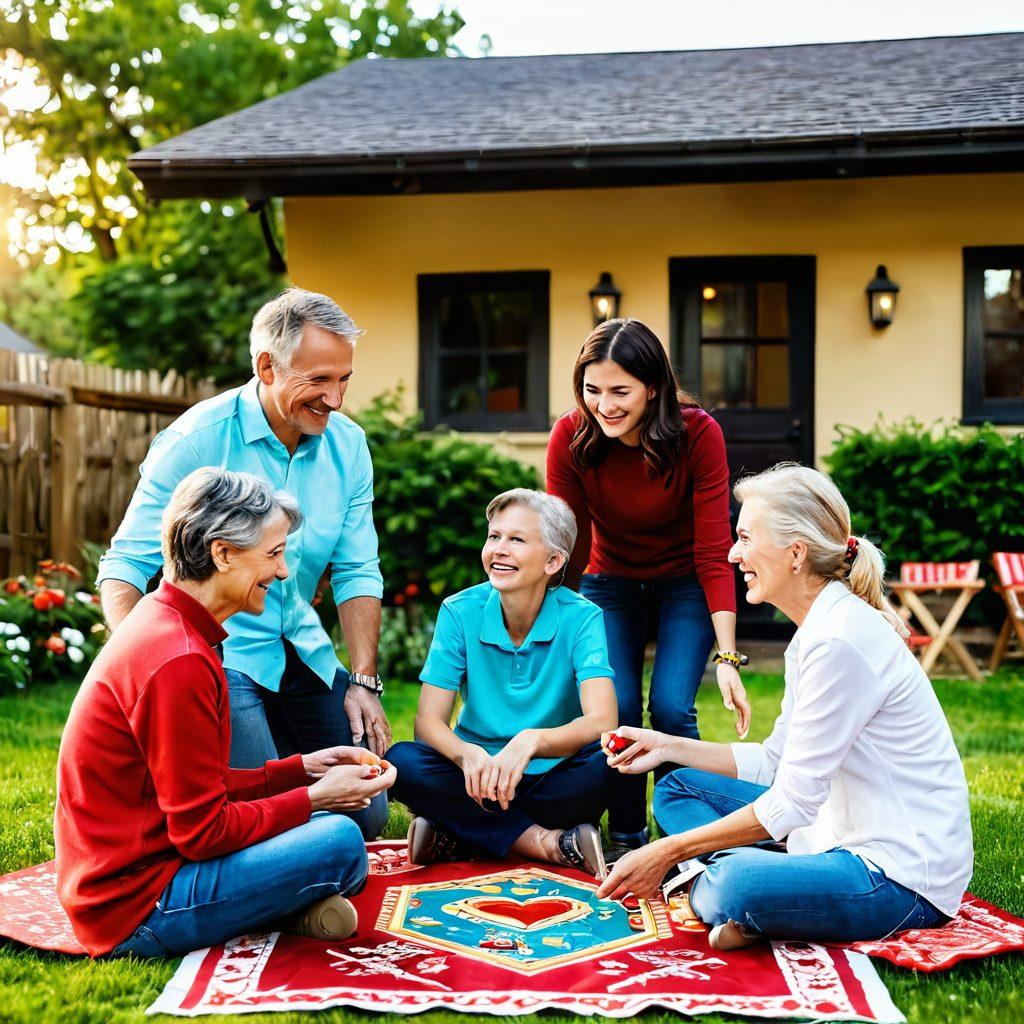 A warm family scene where members of various ages are joyfully engaged in interactive games such as board games, video games, and outdoor activities. The background features vibrant decorations symbolizing love and connection, such as heart-shaped banners and playful colors. Laughter and expressions of joy are clearly visible among everyone, showcasing their bond. The environment should feel cozy and inviting, representing a loving home. super-realistic. vibrant colors. warm lighting.