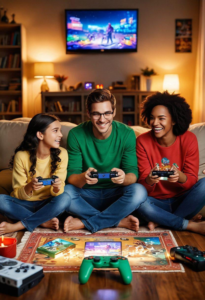 A warm and cozy living room scene depicting a diverse family joyfully playing a video game together, with laughter and excitement on their faces. Colorful gaming devices scattered around, snacks on the table, and a big screen showcasing an interactive game. The room filled with vibrant posters of various games and a soft glow from warm lighting. A sense of togetherness and joy, capturing the essence of family bonding through gaming. super-realistic. vibrant colors. warm lighting.