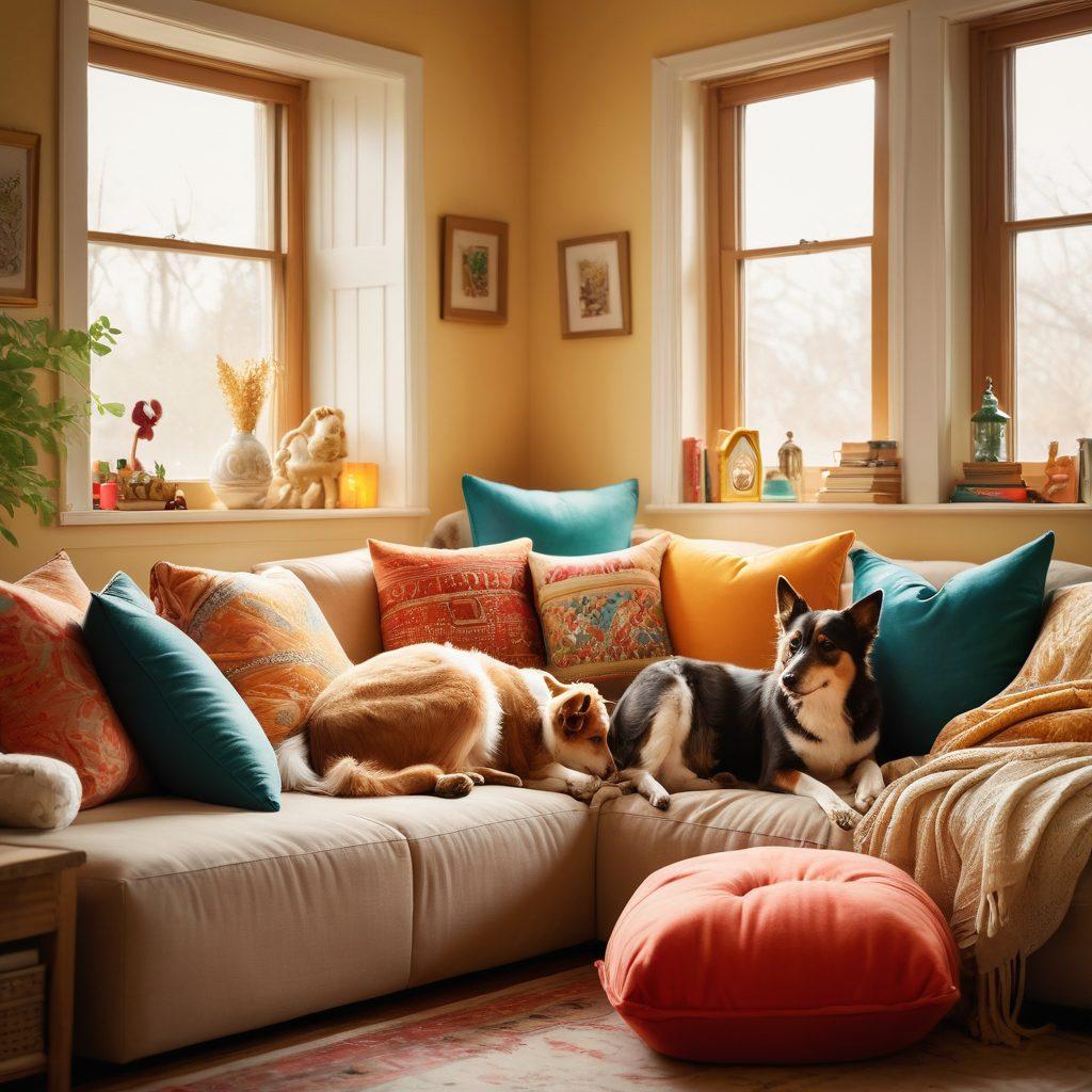 A heartwarming family scene in a cozy living room, adorned with colorful cushions and whimsical toys, where parents and children are engaged in playful activities like building a fort with blankets and books. Soft golden light filters through a window, casting a cozy glow, while laughter and love fill the air, symbolizing imagination and connection. Include a playful pet joining in the fun, adding to the whimsical atmosphere. painterly style. warm colors. inviting ambiance.